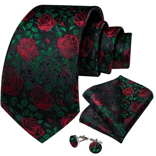 Red Rose with Green Leaves Tie Set