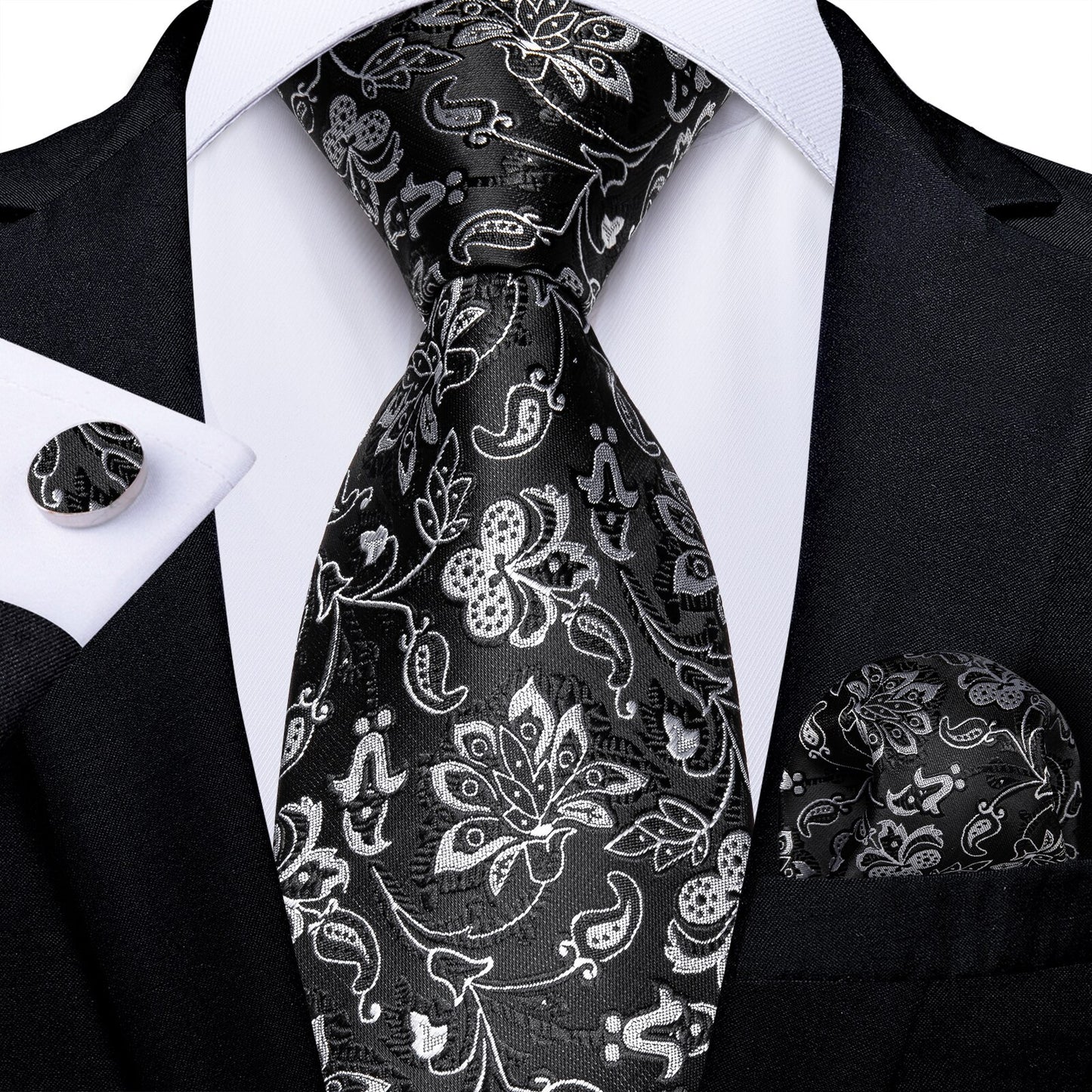 White Flowers In Black Silk Tie Set