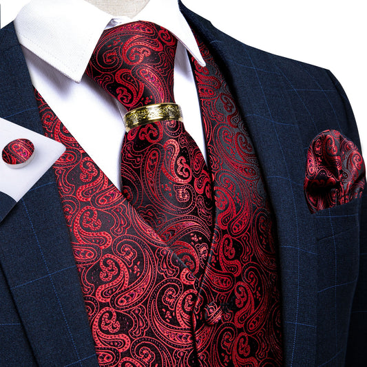 Red and Black Floral Paisley Vest Set with Tie Ring