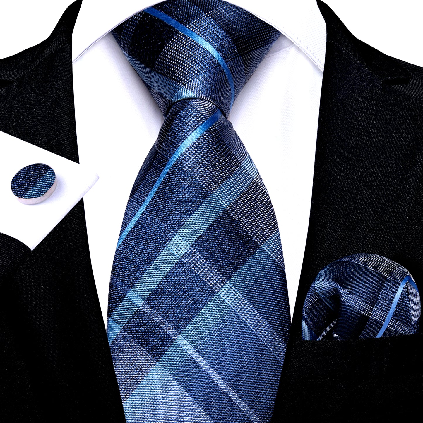 Blue Checkered with Baby Blue Lines Tie Set