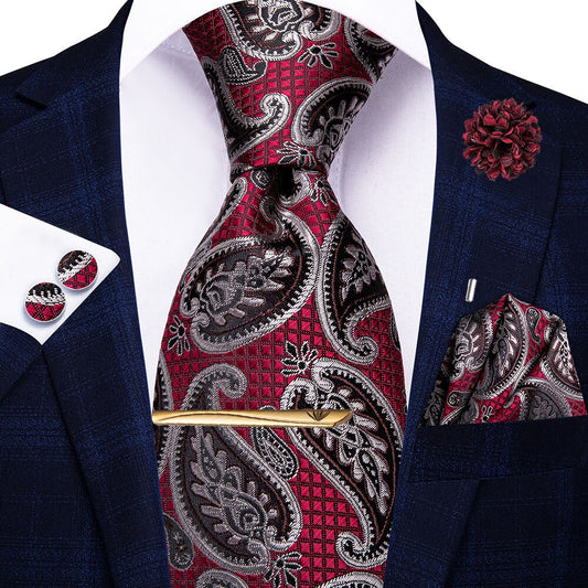 Silver Leaves In Burgundy Tie Set