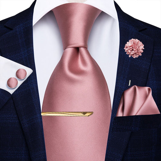 Beautiful Plain Pink Silk Tie, Tie Clip with Brooch