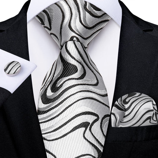 Black and Silver In White Waves Silk Tie Set