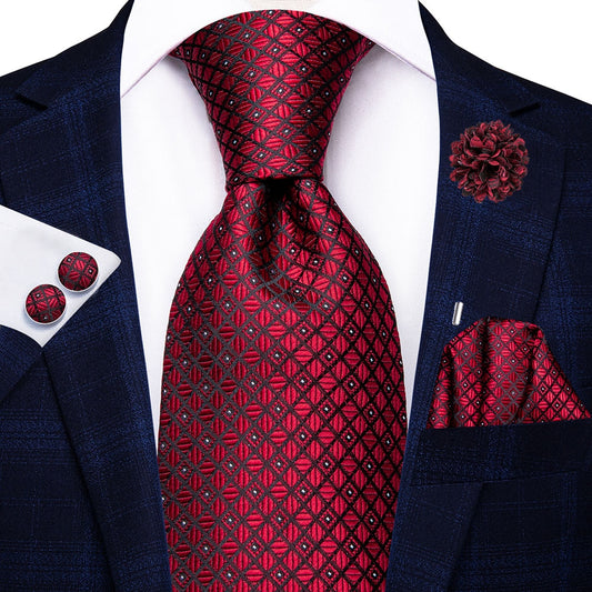 Wine Red with Diamonds XL Tie, Pocket Square, Cufflinks and Brooch