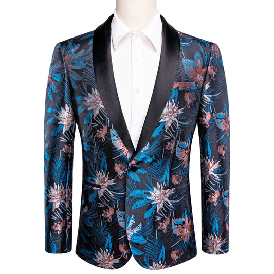 White and Pink Floral In Blue Tuxedo Jacket