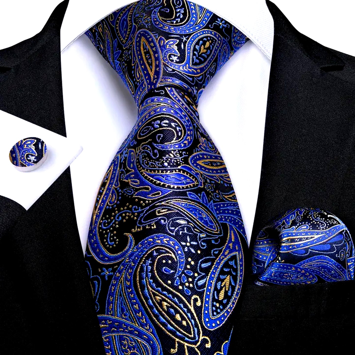 Luxury Blue Leaves with Gold Lines Silk Tie Set