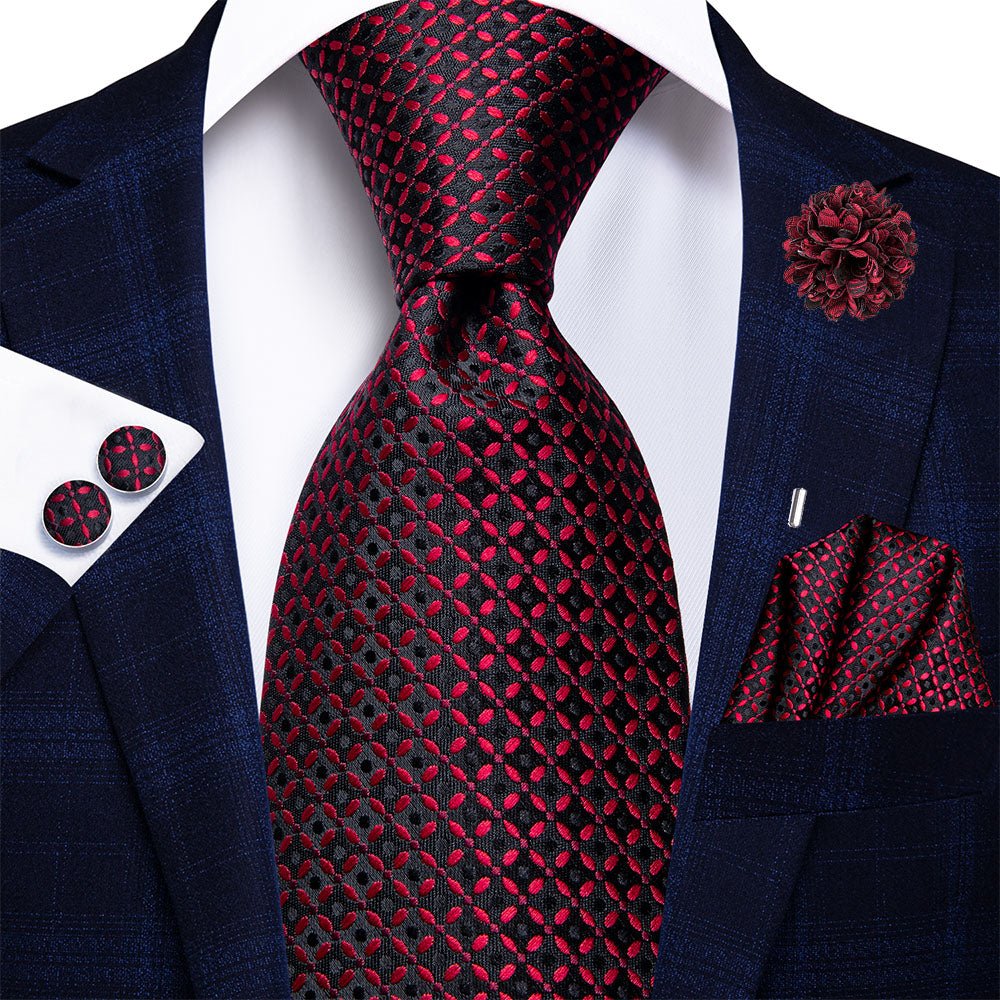 Red and Black Tiny Square Tie, Pocket Square, Cufflinks and Brooch - Masculine Clothes