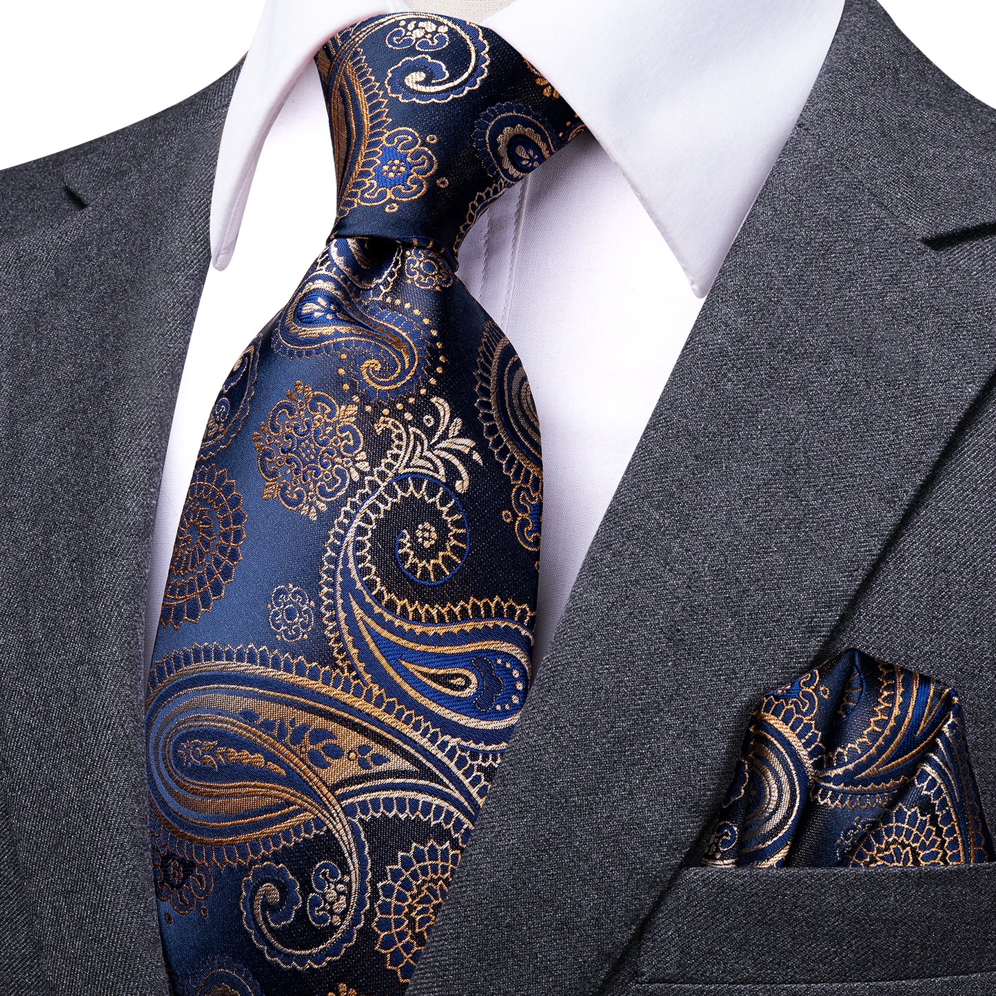 Dark Blue Floral XL Tie Set in Gold