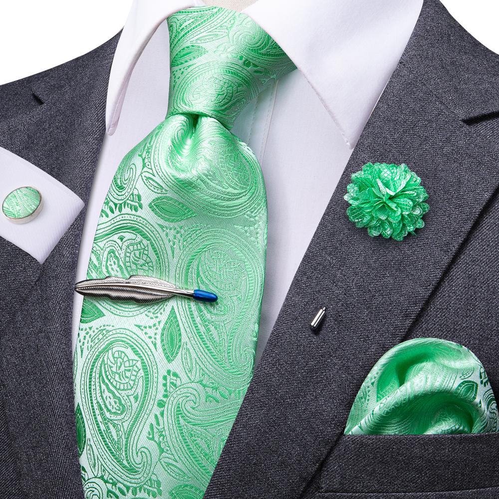 Mint Green Silk Tie Set with Brooch and Tie Clip - Masculine Clothes