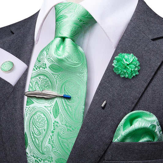 Mint Green Silk Tie Set with Brooch and Tie Clip