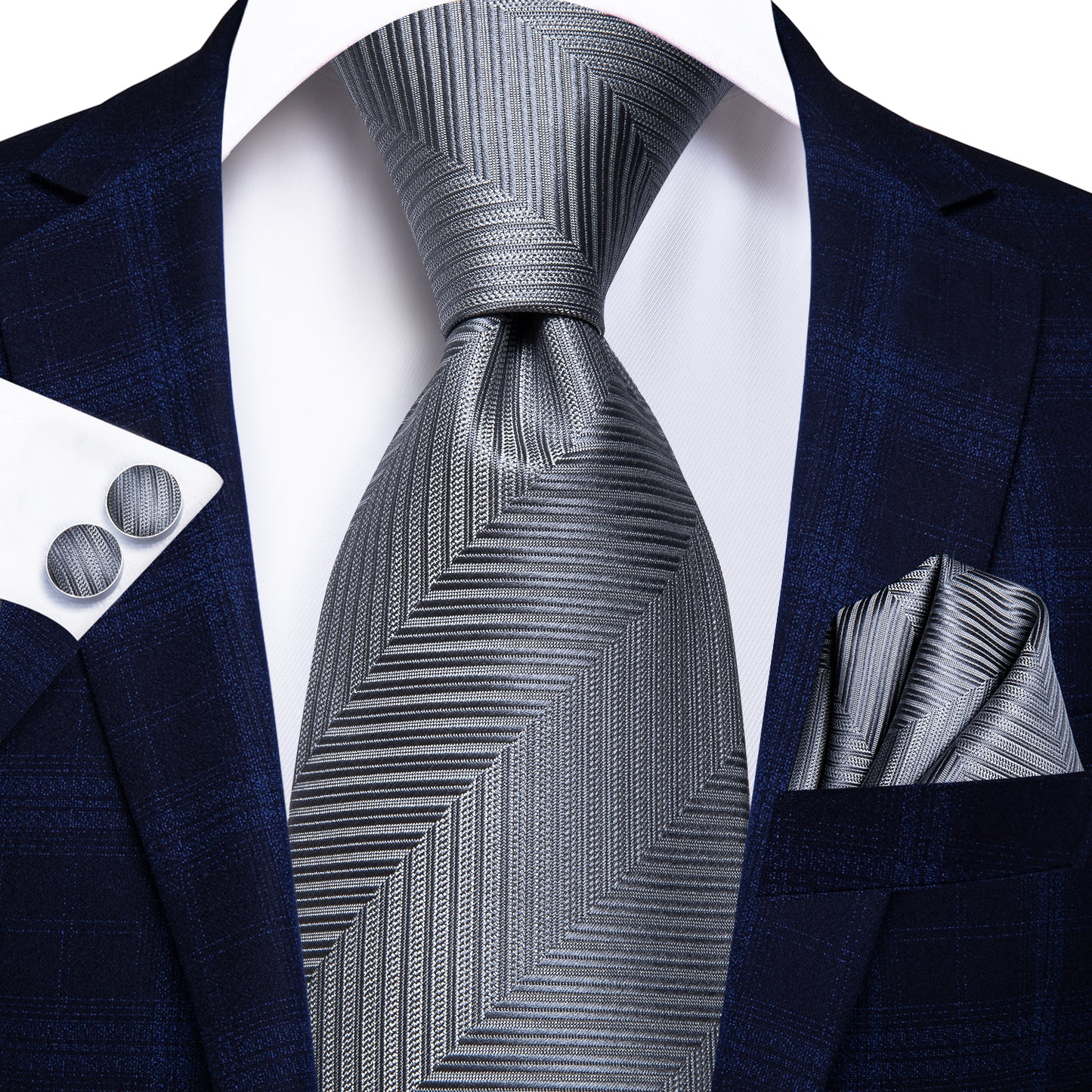 Silver and Blue Striped Silk Tie Set - Masculine Clothes