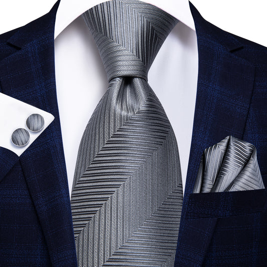 Silver and Blue Striped Silk Tie Set - Masculine Clothes