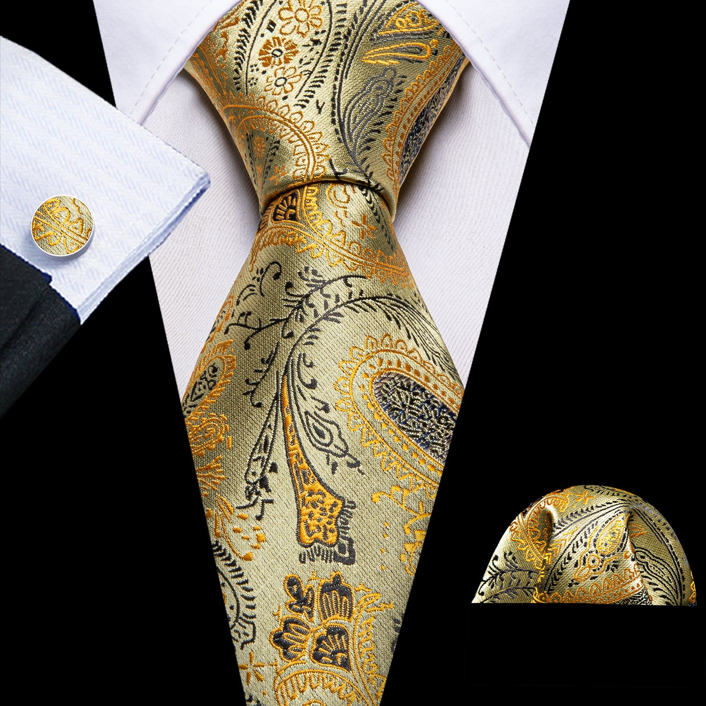 Luxury Yellow Gold Leaves Silk Tie Set - Masculine Clothes