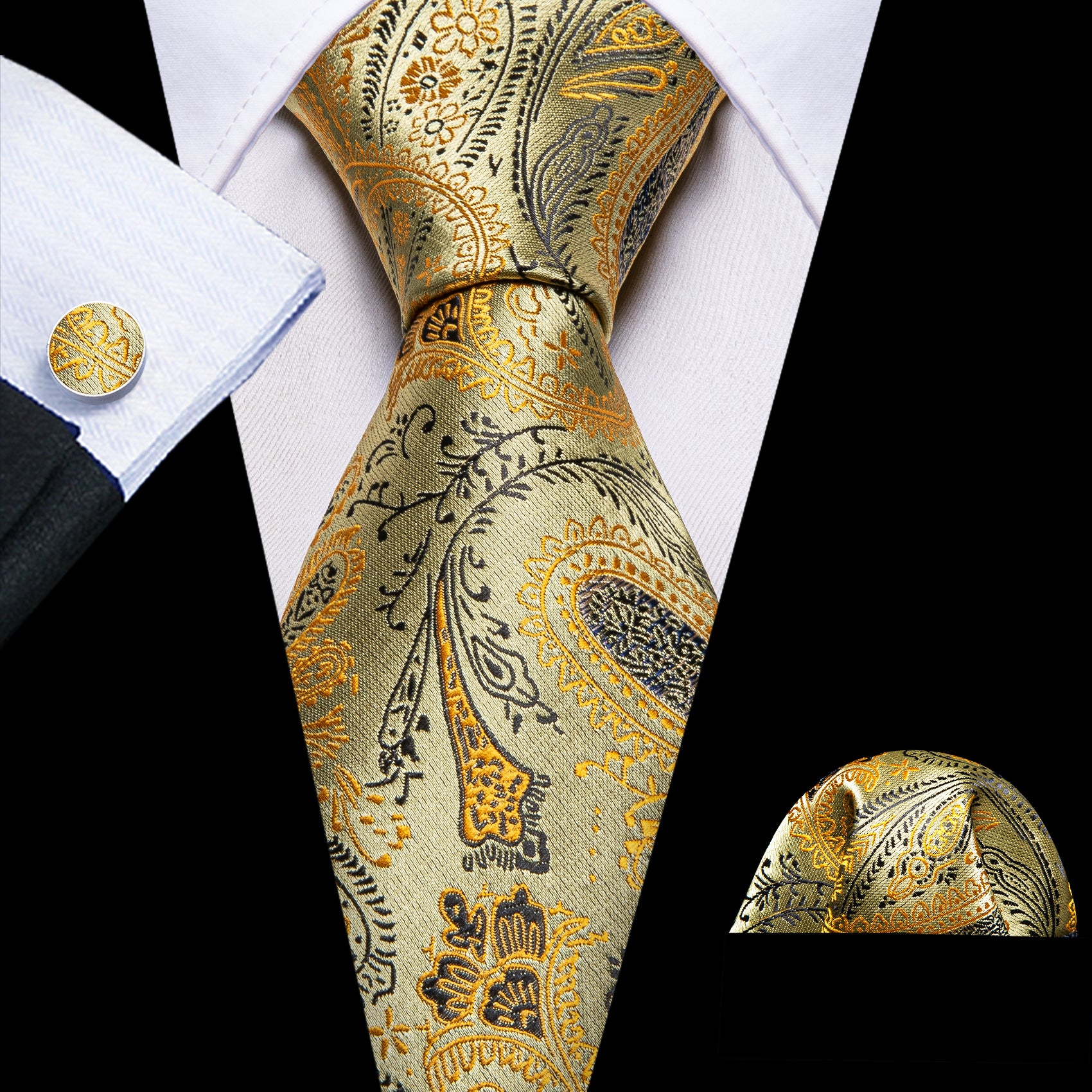 Luxury Yellow Gold Leaves Silk Tie Set - Masculine Clothes