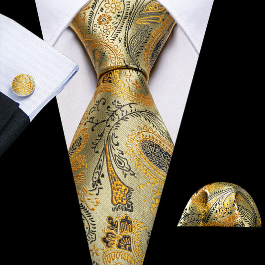 Luxury Yellow Gold Leaves Silk Tie Set - Masculine Clothes