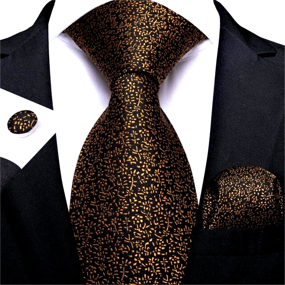 Gold Tiny Leaves In Black Tie Set